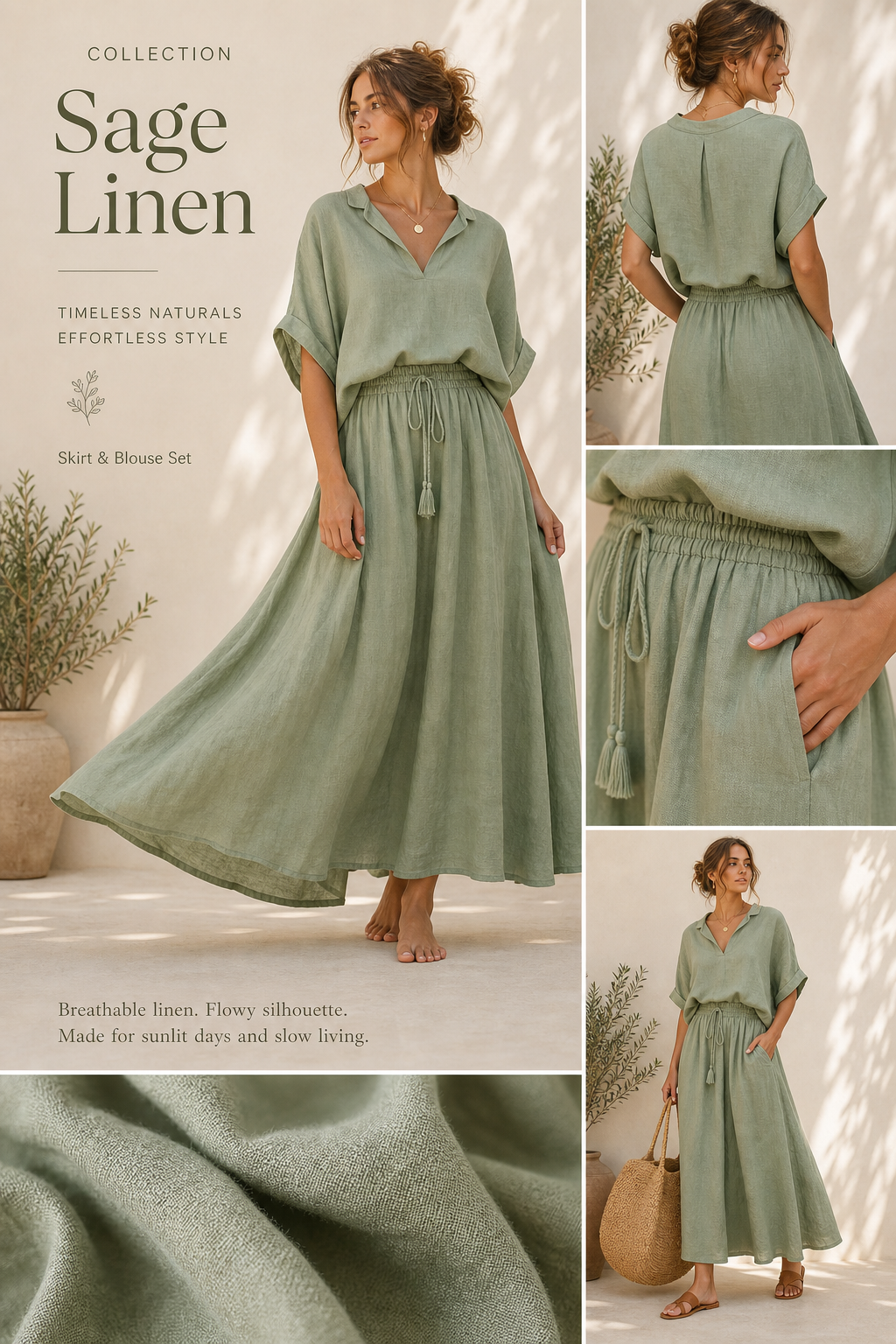 Sage green linen skirt and blouse
